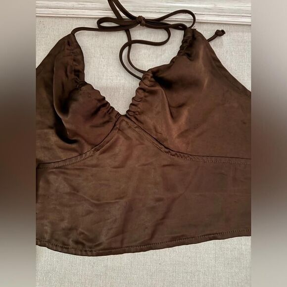 Motel Rocks brown scarf halter tie ruched satin crop top S/M - Picture 2 of 9